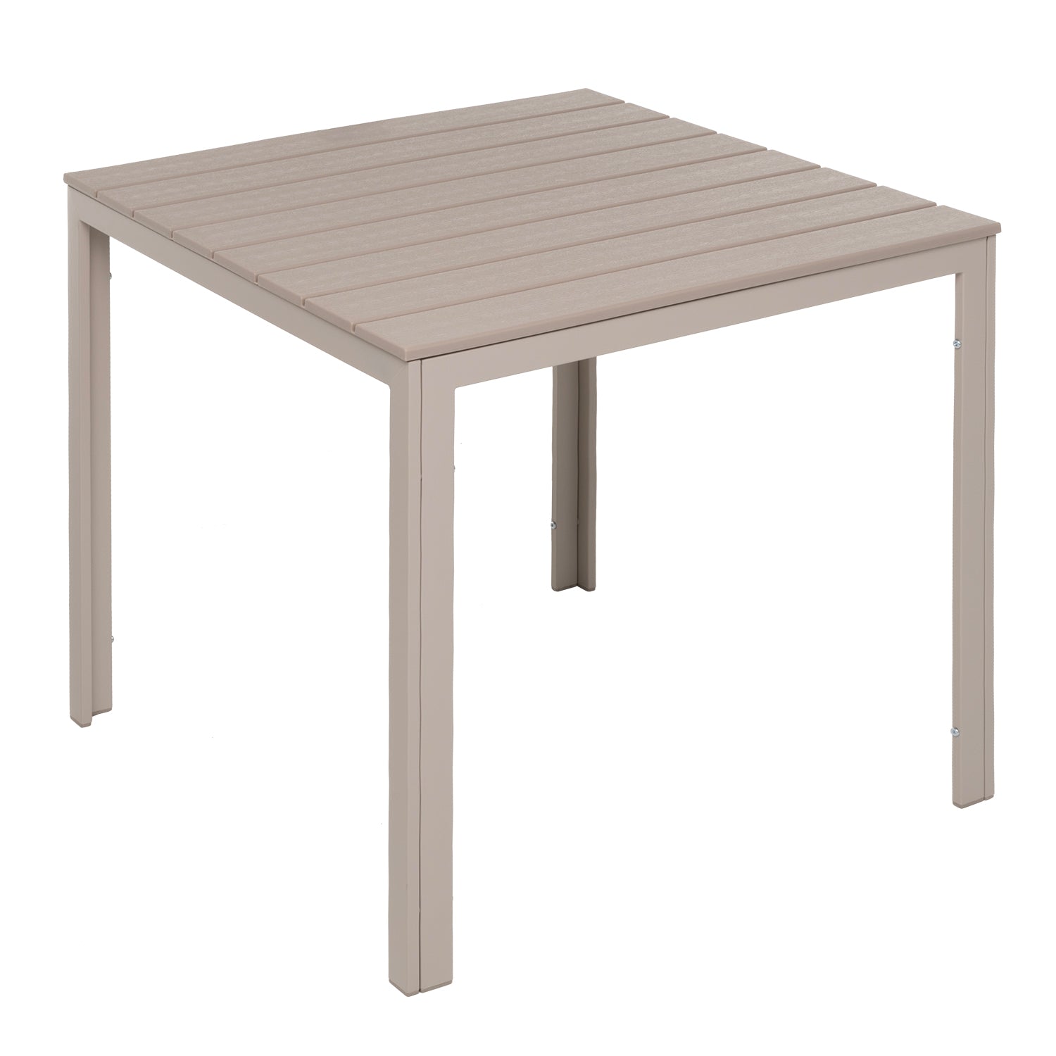 VESTIAMO CASA GIARDINO - Tavolo da giardino in acciaio Beige con Doghe Effetto Legno Tortora - h74x78x78 cm